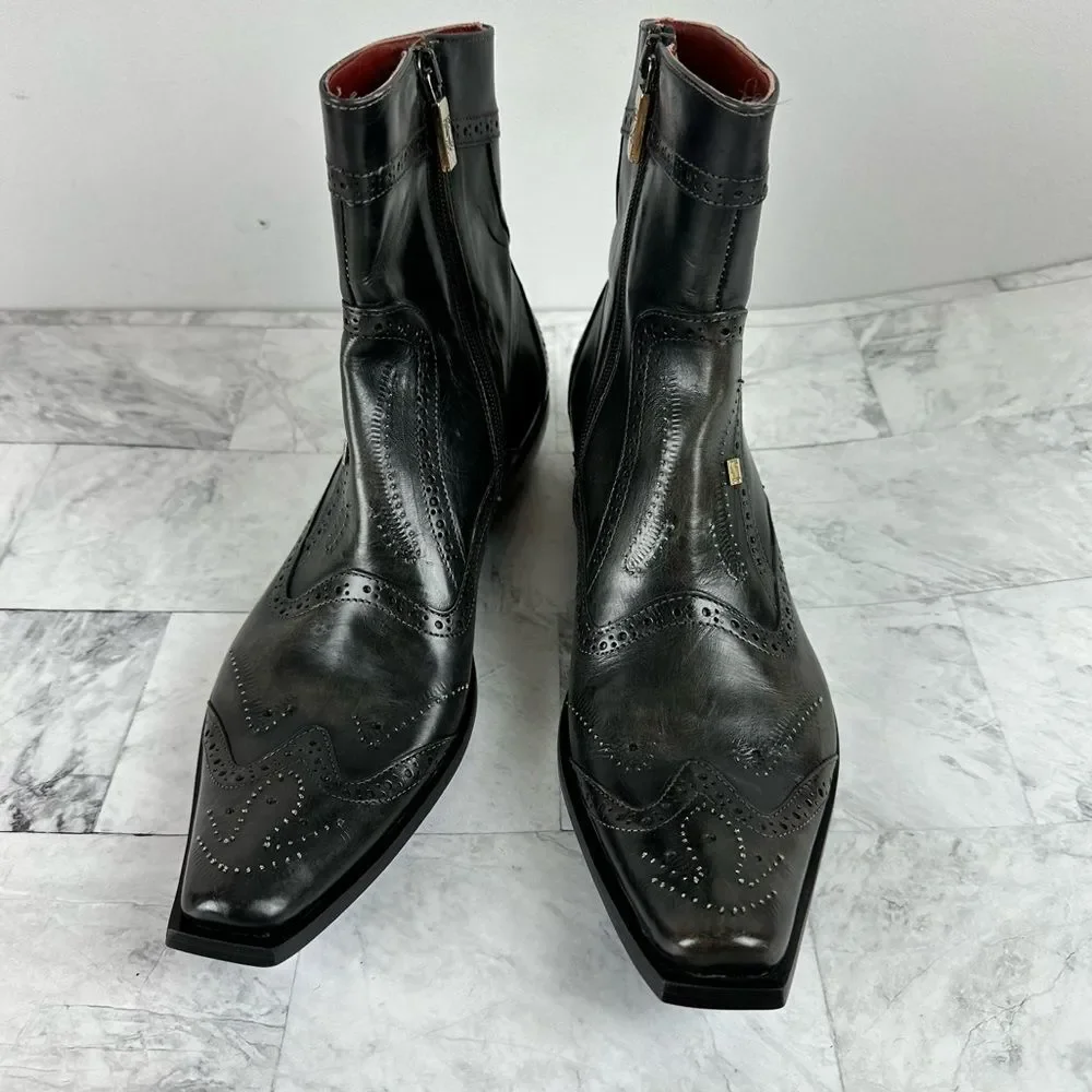 Black Leather Wingtip Ankle Boots with Side Zip